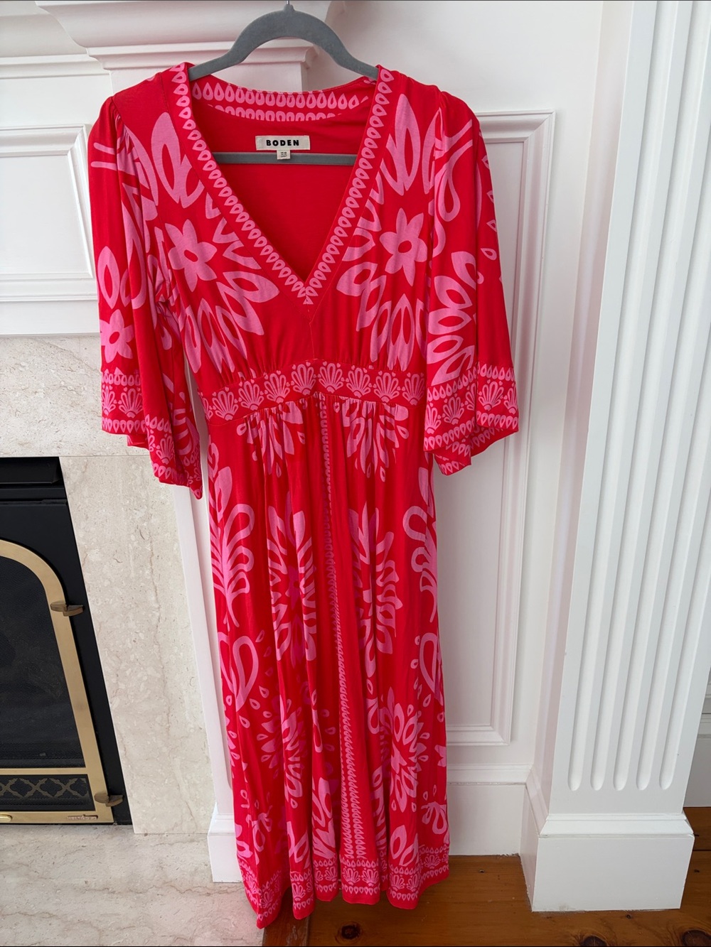 Boden Red and Pink Floral V-Neck Maxi Dress with Elbow Sleeves